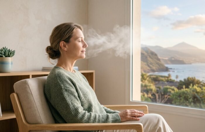 Mujer en calma practicando relajación frente a una ventana con vistas al Teide, terapia para la ansiedad en Tenerife