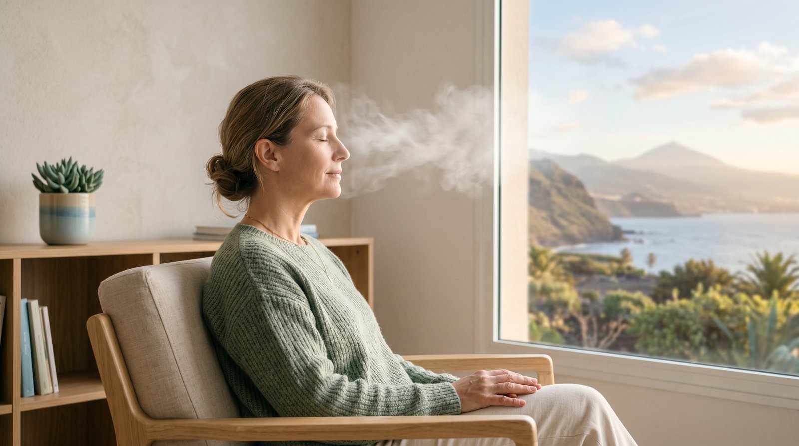 Mujer en calma practicando relajación frente a una ventana con vistas al Teide, terapia para la ansiedad en Tenerife