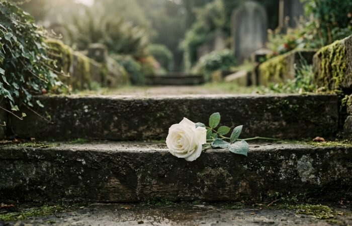 Duelo y perdida - flor blanca en escalones